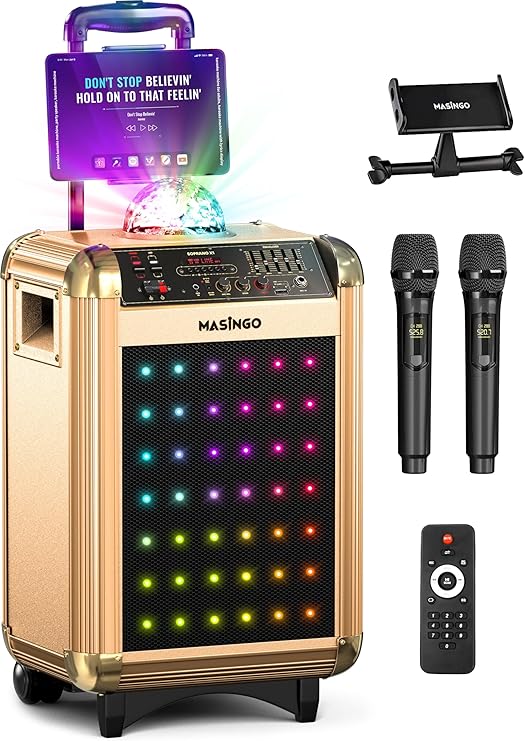 MASINGO Karaoke Machine for Adults and Kids with 2 Bluetooth Wireless Microphones. Portable Singing PA Speaker System with Disco Ball Party Lights, Lyrics Display Tablet Holder & TV Cable. Soprano X1
