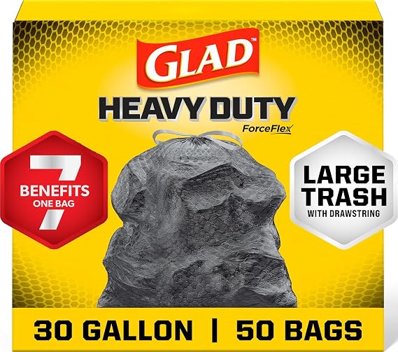 Glad Large 30 Gallon Trash Bags, Unscented Heavy Duty Garbage Bags, Forceflex with Drawstring, 50 Count (Packaging May Vary)