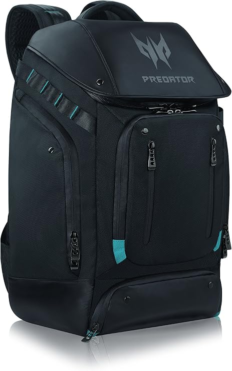 Acer PBG591 Predator Utility Gaming Backpack, Water Resistant and Tear Proof Travel Backpack Fits and Protects Up to 17.3" Predator Gaming Laptop, Black with Teal Accents | Water resistant, tear proof, protects Predator gaming laptop, travel backpack design, padded shoulder straps