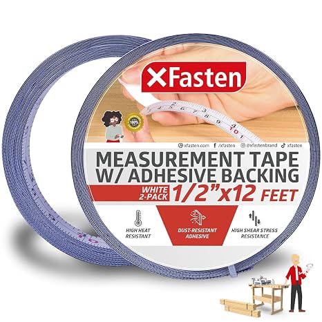 XFasten Tape Measure with Adhesive Back, 0.5-Inch x 12-Feet (2-Pack) Left to Right Peel and Stick Measuring Ruler Tape for Workbench, Woodworking, Sewing; Sticky Self-Adhesive Metal Measuring Tape