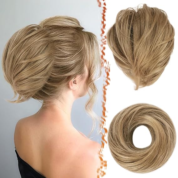 BARSDAR Straight Hair Bun Extensions - Short Straight Ponytail Hair Bun Extensions for Women, Elastic Synthetic Blonde Messy Hair Bun Scrunchies Hairpieces Daily - Ash Brown Mixed