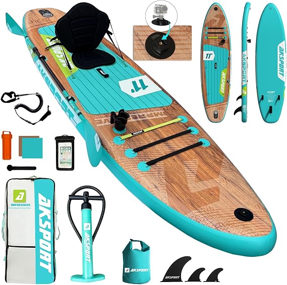 AKSPORT 11' Inflatable Stand-Up Paddle Board with Upgraded SUP Accessories Kit | Extra Wide 34" Design | Non-Slip Deck | Premium SUP Board for Adults & Youth of All Levels