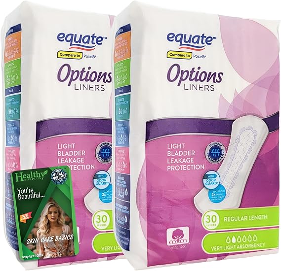 Equate Options Liners - 2 Packs of 30 (60 Total) - Light Bladder Leakage Protection - Regular Length and Vital Volumes Tips Card Bundle