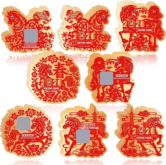 Pack of 64 Chinese New Year 2026 Scratch Off Fortune Cards, Year of the Horse, 4 Styles Festive Red and Gold Design, Reward Cards for Lunar Spring Festival Celebrations and Party Supplies