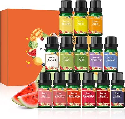 Fruity Fragrance Oils Set, ESSLUX 14 Premium Fruit Scented Oils for Diffuser, Soap Candle Making Scents, Coconut, Peach, Watermelon, Pineapple and More, Aromatherapy Essential Oils Gift Set for Home
