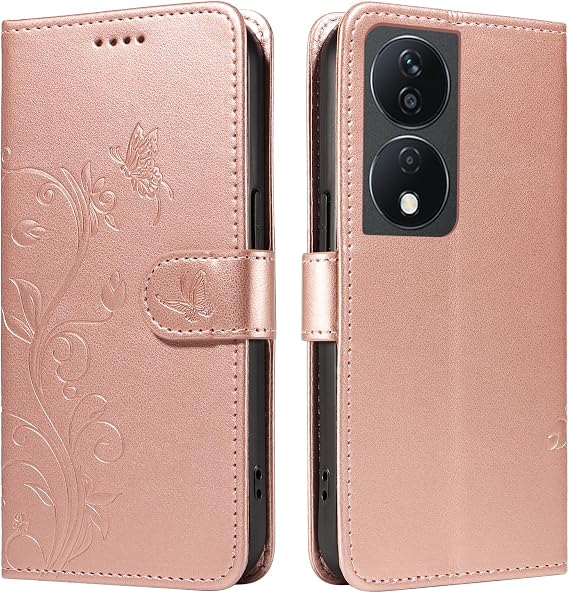 Protective Cover for Honor X7b CLK-LX1/LX2/LX3 (6.8 Inch) PU Leather Flip Case Almond Tree Pattern with Stand Embossing Holster Lanyard Wallet Phone Shell Rose Gold