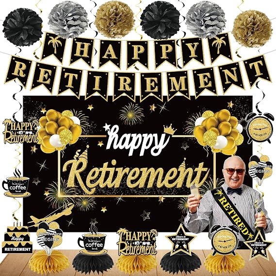 Kuxriox Happy Retirement Party Decorations for Men Women, Black Gold 20PCS