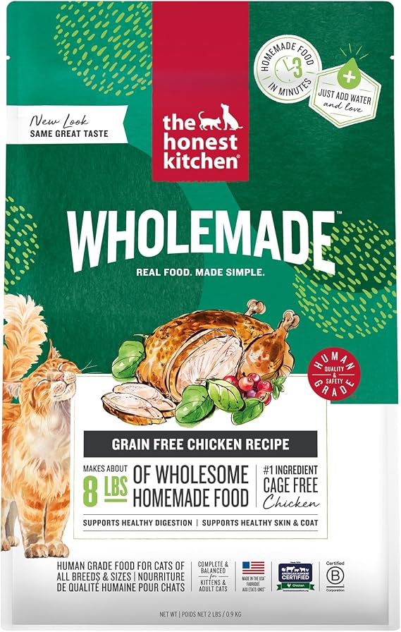 The Honest Kitchen Wholemade Dehydrated Grain Free Chicken Cat Food, Human Grade Recipe with Probiotics & Cage Free Chicken, Digestive Support, Meal or Topper for Cats, Makes 8 lbs from 2 lb Box
