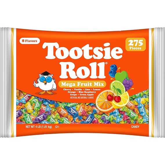 Tootsie Roll Fruit Chews Mega Mix, 275 Count, 4lb Bag | 8 Flavors, Soft Fruity Rainbow Candy, Individually Wrapped, Bulk Treats, Peanut Free, Kosher, Gluten Free