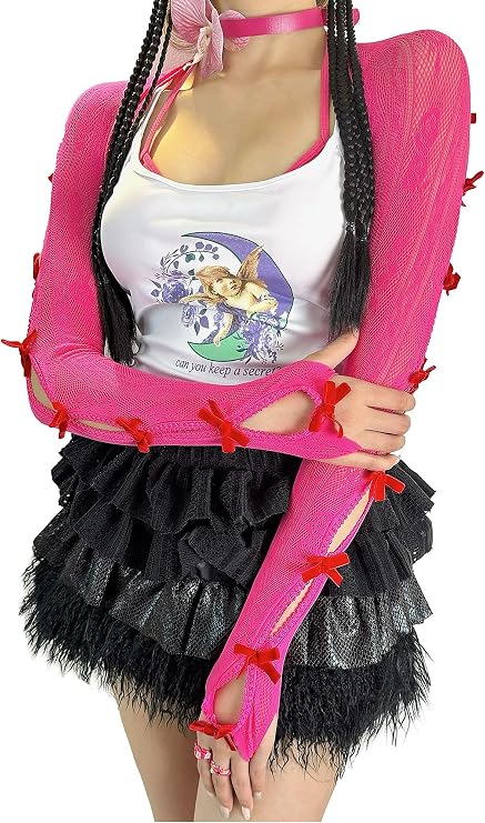 Women's Mesh Lace Shrug Crop Top Y2K Aesthetic Grunge Arm Sleeves Cardigan with Bow Going Out Shirts Summer