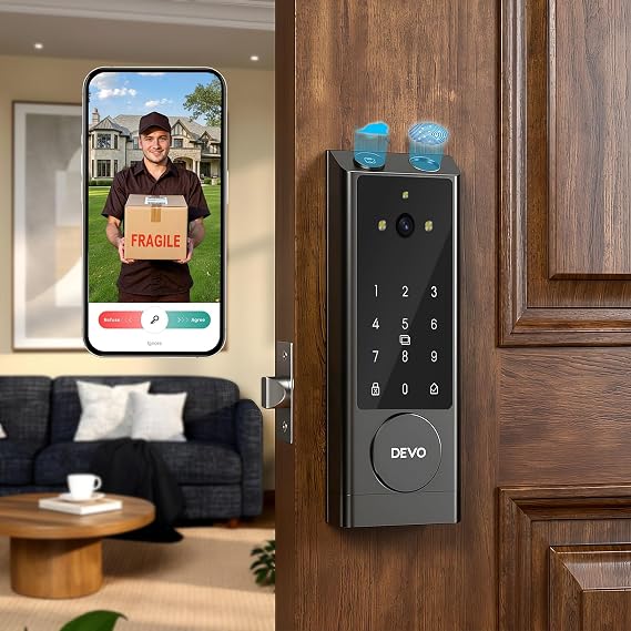 DEVO G1 Keyless Entry Deadbolt Smart Lock with Camera, Doorbell,Fingerprint | Wi-Fi Door Lock with Camera for Front Door with Auto Locks, App Remote