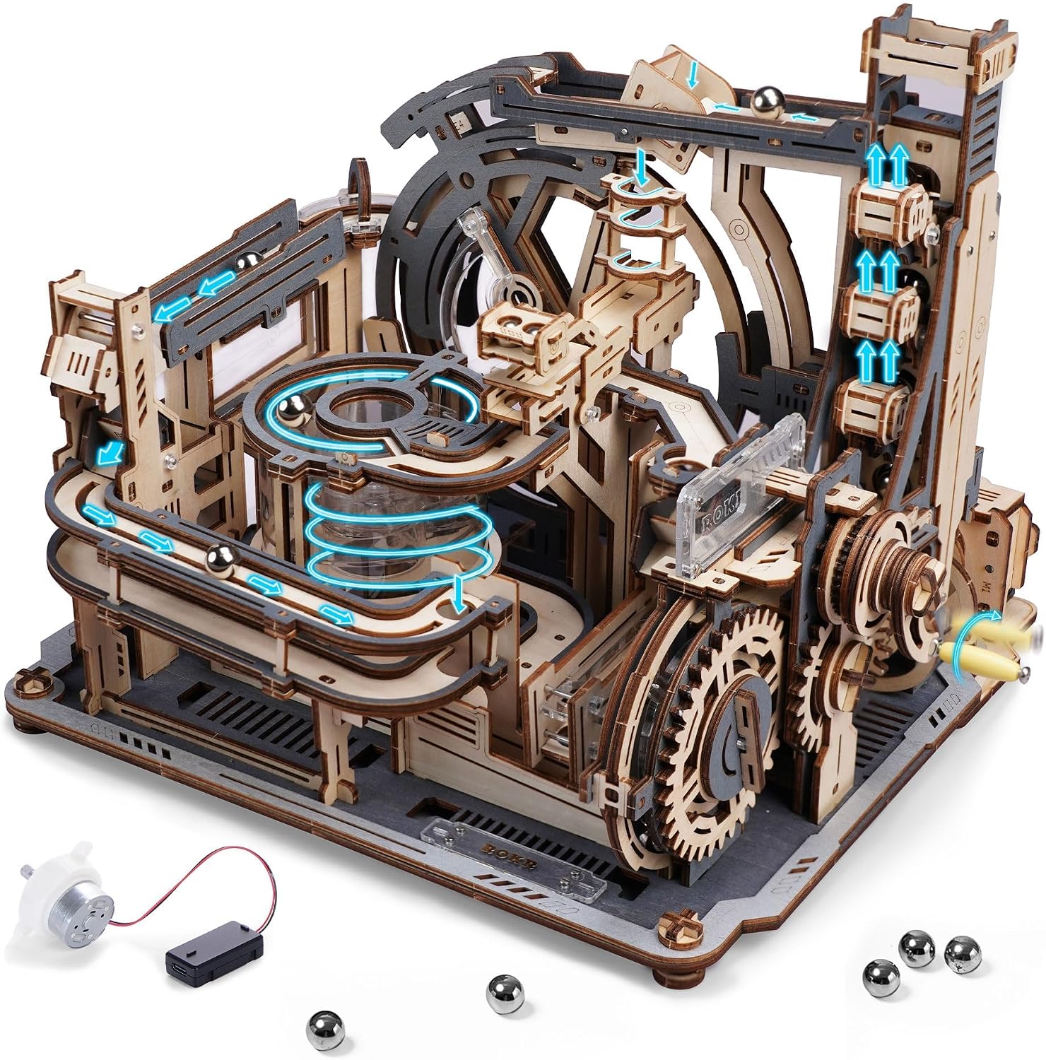 ROBOTIME 3D 3D Wooden Puzzle, Hand Crank, Motorized Model, Coaster, Waterwheel, Gear, Trajectory, Roller Coaster, For Crafts, Concentration, Brain Training, Crafting, For Adults, Children, Educational