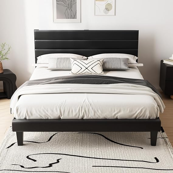 VINGLI Full Faux Leather Bed Frame, Upholstered Platform Bed with Adjustable Headboard, Wood Mattress Foundation with Heavy Duty Slats Support,Luxury Modern,No Box Spring Needed, Black