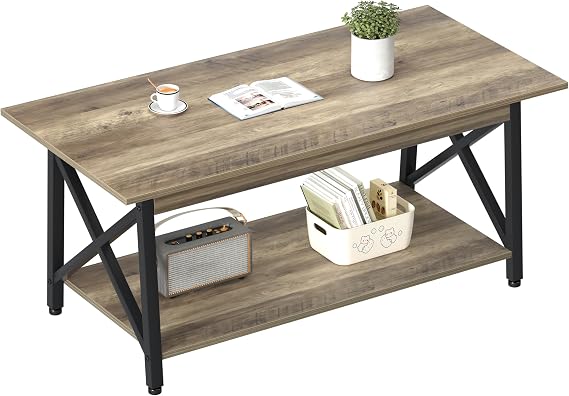 GreenForest Coffee Table with Storage Space 100 cm Rectangular Modern 2-Tier Living Room Table Industrial Style X-Design Coffee Table Space Saving Small Table Easy Assembly Grey