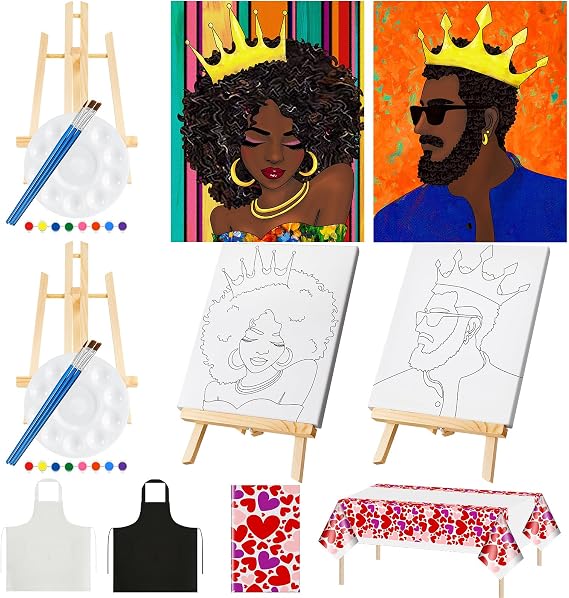 Yeaqee 13 Pcs Sip and Paint Kit for Adults Stretch Canvas Date Night Valentines Painting Kit Supplies Art Painting Set Outline Design Blank Stretch Canvas for Couple Party(Afro King Queen,11x14)