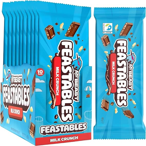 Feastables MrBeast Milk Crunch Chocolate Bars with Puffed Rice - Pack of 10 (60 g Each) - Crunchy Smooth Milk Chocolate with Fairtrade Certified Cocoa