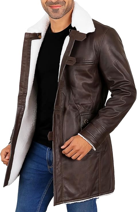 Mens Long Faux Fur Shearling Pea Coat Brown Sheepskin Leather Jacket