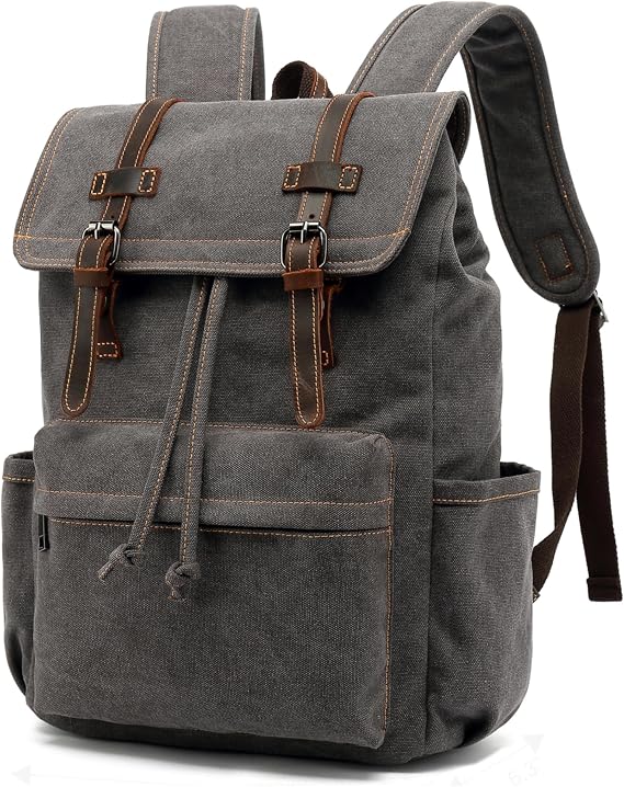 HuaChen Vintage Canvas Leather Backpack for Men, Multi-Pocket Travel Rucksack For Laptop, Durable Hiking & Commuter Bag - M83 Grey