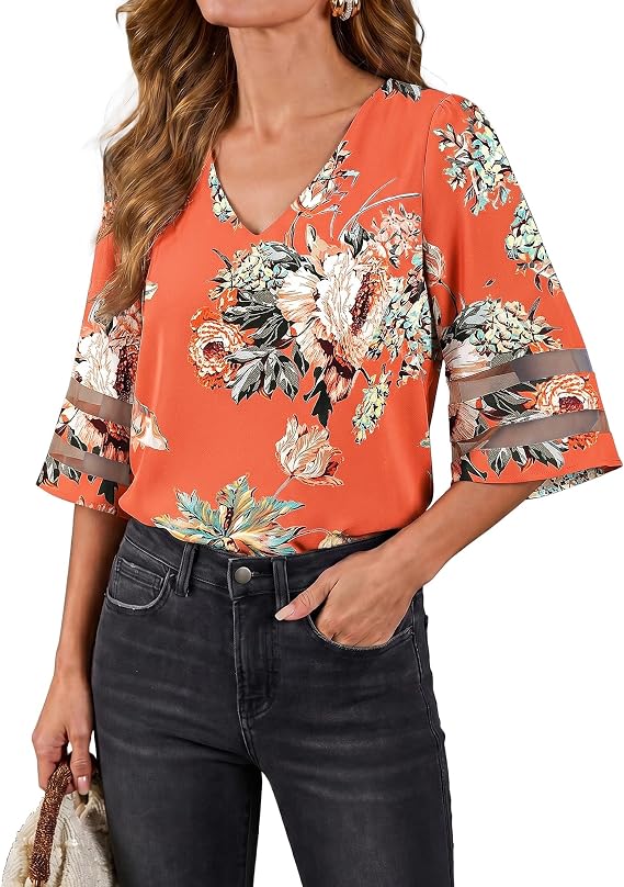 LookbookStore Women's V Neck Mesh Panel Blouse 3/4 Bell Sleeve Loose Top Shirt