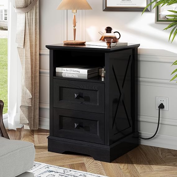 Farmhouse X-Pattern 2 Drawers Dresser, Black Small Dresser for Bedroom