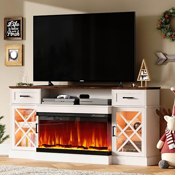 AMERLIFE 70" Farmhouse Fireplace TV Stand with 3-Sided Glass Fireplace