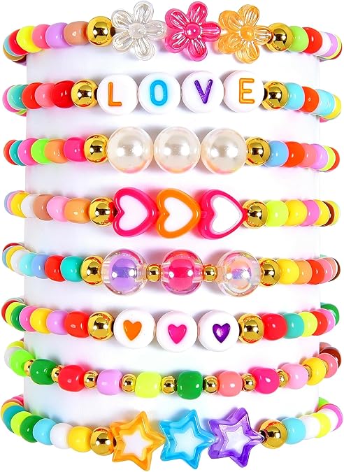 Friendship Bracelet Set for Women & Girls - Trendy Handmade Jewelry Gift with Love Charms, Rainbow Color, Boho Beads & Adjustable Design 8-Pack