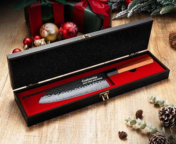 7 Professional Japanese Santoku Chef Knife Hand-Forged 5Layer 9CR18MOV HighCarbon Steel Kitchen Knife with Ergonomic Rosewood Handle & Luxury Sandalwood Gift Box (Custom Engraving)