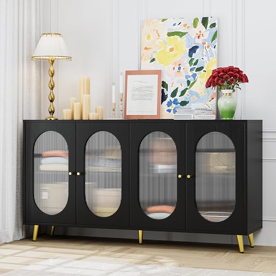 60'' Large Buffet Cabinet with Storage, Wood Sideboard with Acrylic Doors and Adjustable Shelves, Farmhouse Console Table, Coffee Bar Cabinet for Kitchen, Living Room, Black