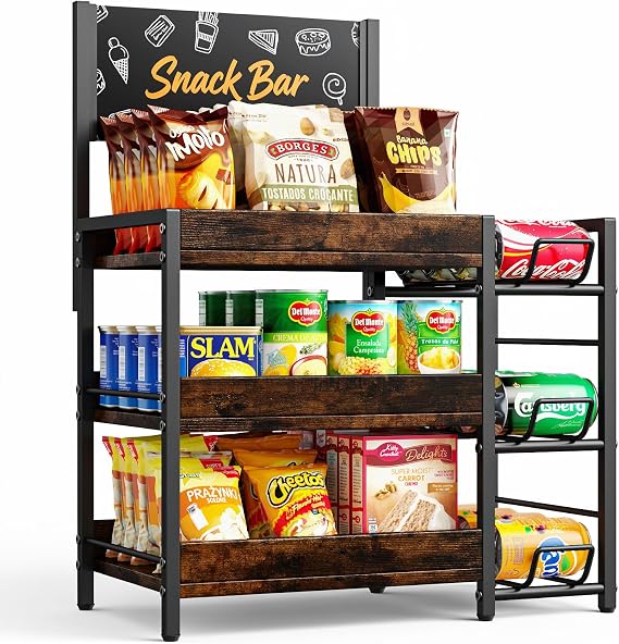 Nuovoware 3 Tier Candy Display Rack, Snack Organizer for Countertop, Wooden Snack Chips Display Retail for Snack Station, Kitchen, Counter, Office, Store, Party, Black+Vintage Brown
