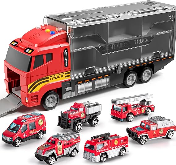 Toddler Toys for 3-9 Years Old Boys Die-cast Emergency Fire Rescue Vehicle Double Side Transport Car Toy Set W/Play Mat, Alloy Metal Fire Truck Gifts for Age 3 4 5 6 Kids Boys Girls Birthday Party