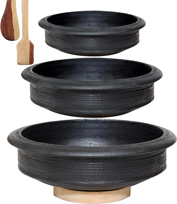 Craftsman India Online Deep Burned Clay Uncoated Pot/Earthen/Mud/Mitti Handi For Cooking And Serving Combo 1, 2 & 3 Liter, Black