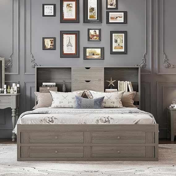 King Size Platform Bed, King Bed Frame with Storage Headboard and 8 Drawers, Easy Assembly, Modern Solid Wood Bed Frame, Includes Installation Manual, Gray
