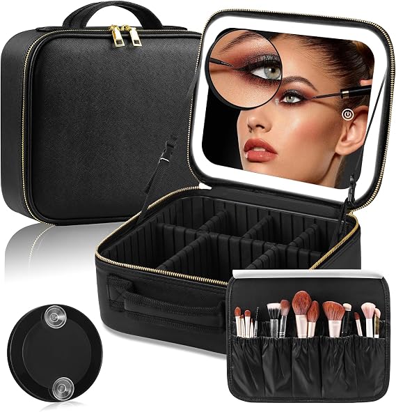 Travel Makeup Bag with LED Mirror, Waterproof Makeup Box with 10X Magnifying Mirror, Black Travel Makeup Organizer