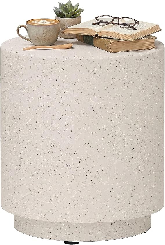 HOMCOM Outdoor Side Table Round Small End Table Concrete Finish Cream White