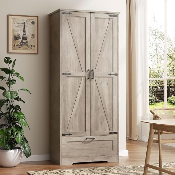 Vongrasig Kitchen Pantry Storage Cabinet with Barn Doors, Drawer and Adjustable Shelves, 4-Tier Tall Rustic Wood Cupboard Locker for Kitchen, Living Room, Bathroom, Dining Room, Grey