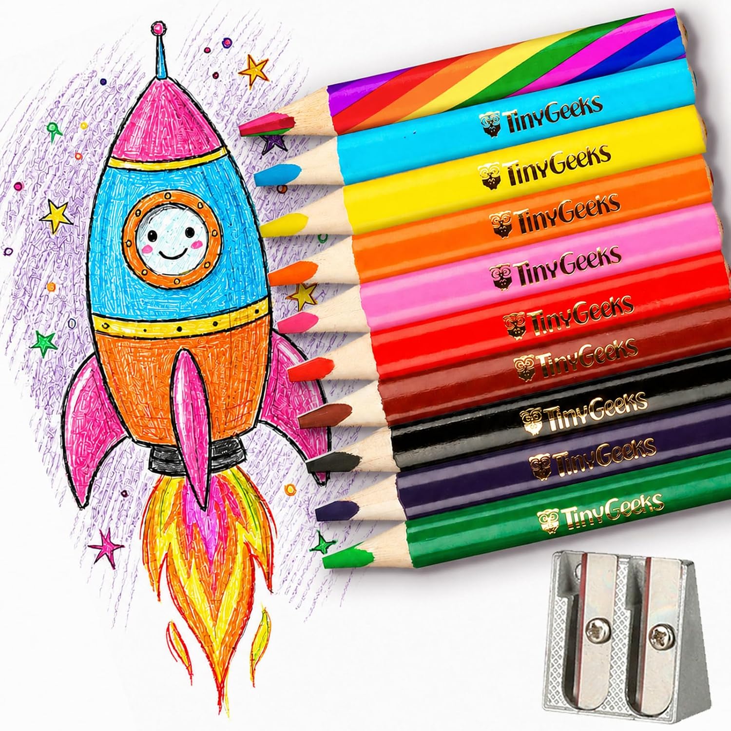 Jumbo Pencils - 10 Short Triangle Colouring Pencils for Children + Rainbow Pencil + Sharpener - Perfect for Preschool Toddlers and Beginners + Recommended by Teachers & Experts