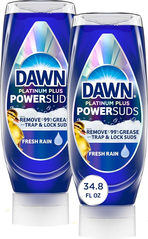 Dawn Platinum Plus PowerSuds EZ-Squeeze Dish Soap Liquid, Dishwashing Liquid, Grease Removal, Upside Down Bottle, Fresh Rain Scent, 2x17.4 Fl Oz Bundle