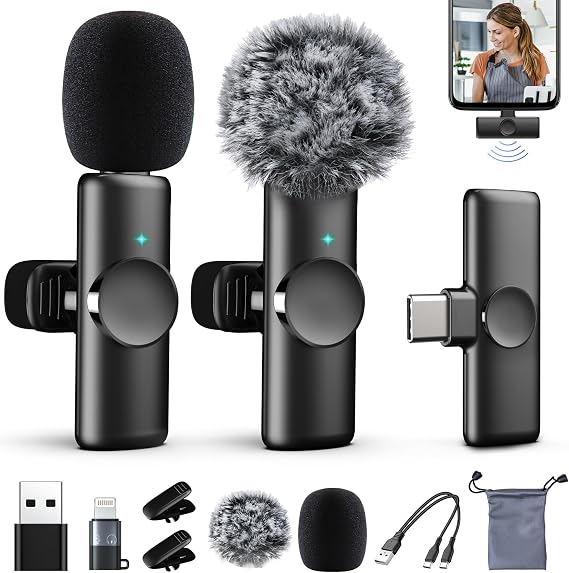2 Packs Wireless Lavalier Microphone for iPhone 15/iPad/Android/Phone/PC/Laptop, Plug-Play Mini Mic with Noise Reduction, Lapel USB C Microphone for Video Recording, Interview, Vlogging