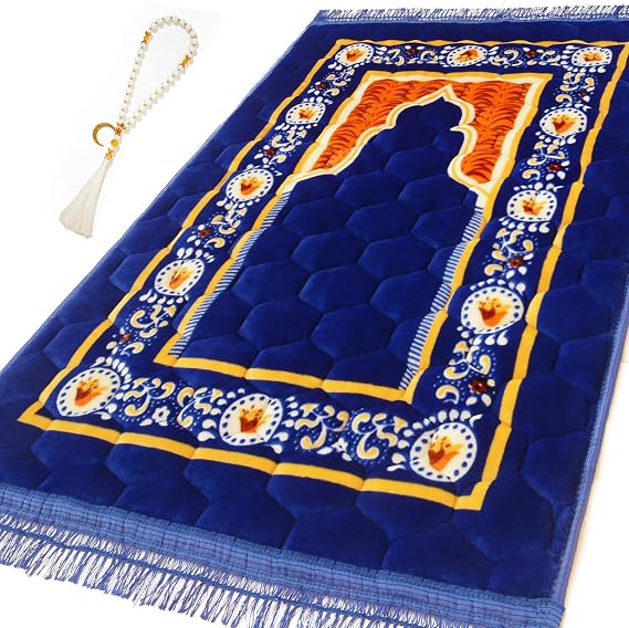 Prayer Rug Muslim Mat Islamic - Padded Very Thick Prayer Rug Sajadah for Men Women with Islam Prayer Beads, Soft and Luxury (31.5" x 47.2", Royal Blue)
