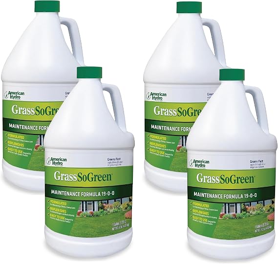 American Hydro Systems GrassSoGreen Maintenance Formula, Grass and Landscape Fertilizer, 1 Gallon Bottles (4 Pack)