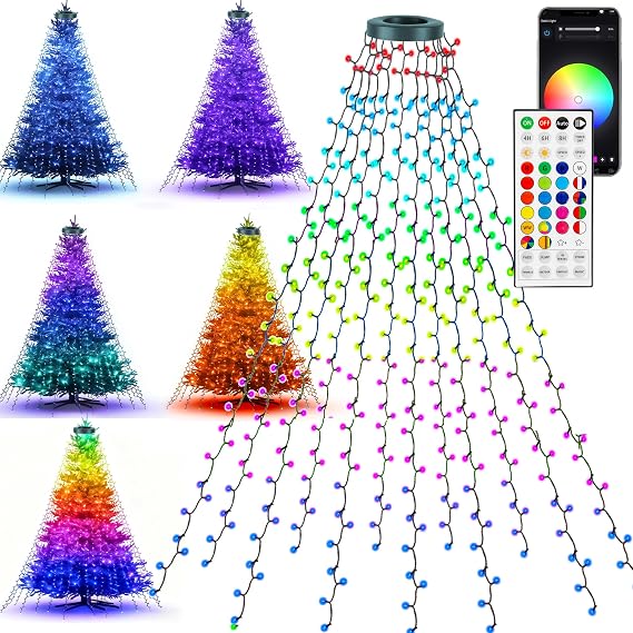 Dazzle Bright Smart Christmas Tree Lights, 448 LED Color Changing Waterfall Tree Topper Lights with Remote & APP, 8.2FT X 16 Lines RGB Christmas Light for Indoor Outdoor Party Xmas Decoration