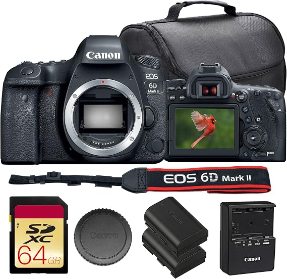 Canon EOS 6D Mark II DSLR Camera Bundle | 26.2MP Full-Frame Sensor, Dual Pixel CMOS AF, Vari-Angle Touchscreen & Full HD Video | Great for Portraits & Travel (1897C002) + 64GB Card + Bag + Battery