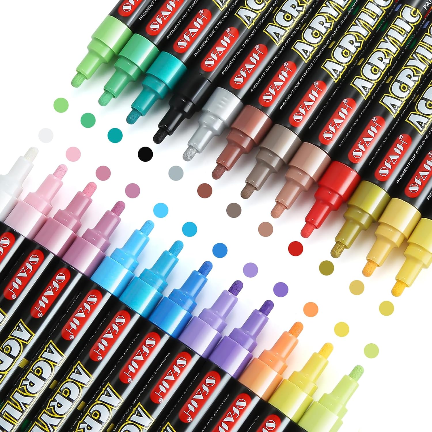 SFAIH Acrylic Paint Markers Paint Pens - 24 Colors Fine Tip Paint Pens for Rock Painting, Wood, Metal, Fabric, Plastic, Canvas, Glass, Ceramic, Diy Crafts, Graffiti Artistro Markers 24 Colors