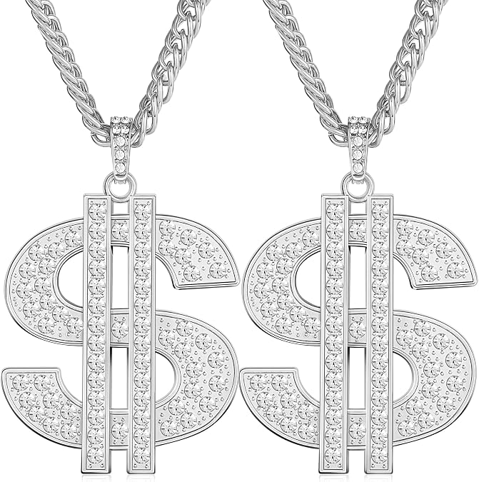 Romass 2 Pcs Dollar Necklace for Men,Gold/Silver Plated Chain for Men with Dollar Sign Pendant Necklaces, 80/90s Hip Hop Dollar Necklace Halloween Gifts