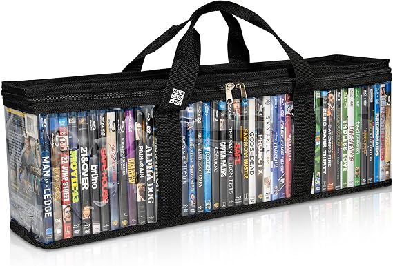 Made Easy Kit Blu-ray Media Storage Bag Case - Clear PVC Organizer with Triple-Stitched Handles, Dividers - Stackable, Space-Saving - Fits 42 Standard Cases (1, Black)