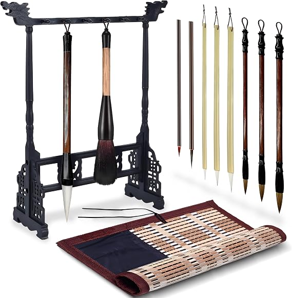 SABLUE Japanese Chinese Calligraphy Brush Set - Includes 10 Brushes, Roll-Up Bamboo Holder and Brush Stand, Perfect for Calligraphy, Sumi Painting, and Creative Art Projects S0048
