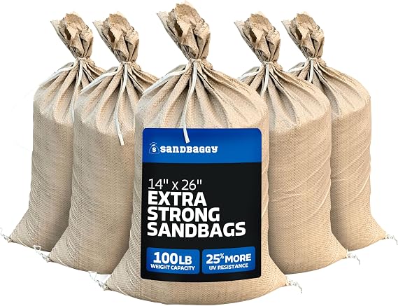Sandbaggy - Heavy Duty Empty Sandbags for Flooding (14" X 26") - Poly Sand Bags - Flood Barrier, Weight, Construction, Earth Bag Homes - Reusable, UV Resistant - Tie Strings Attached
