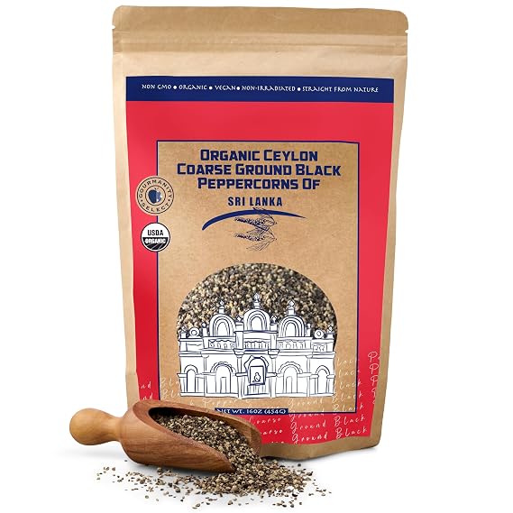 Gourmanity Select Organic Coarse Ground Black Pepper, Ceylon Black Ground Pepper Spice, Ideal for Seasoning and Gourmet Cooking, Vegan, Non-GMO and Non-Irradiated 16oz