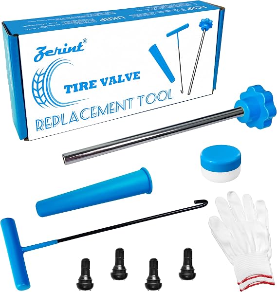 Tyre Valve Change Tool Set Valve Stem Core Quickly Replacement Tool Kit for Cars Trucks ATVS with 4Pcs TR412 Valve Stems, Lubricant Grease & Gloves