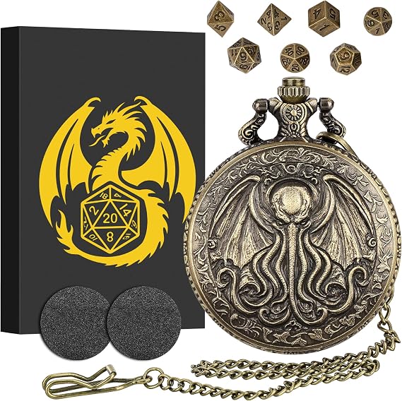 Mini DND Dice Set with Steampunk Octopus with Wings Pocket Watch Shell Case, 7pcs Polyhedral Metal Dice Set, DND Starter Set, D&D Gifts with Gift Box, Role Playing Board Game Accessories, Bronze